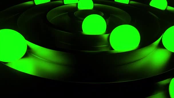 リングで回転する光るボール デザイン 光るボールは暗闇の中のリングを通って動きます 動く球が付いている3D螺線形リング — ストック動画