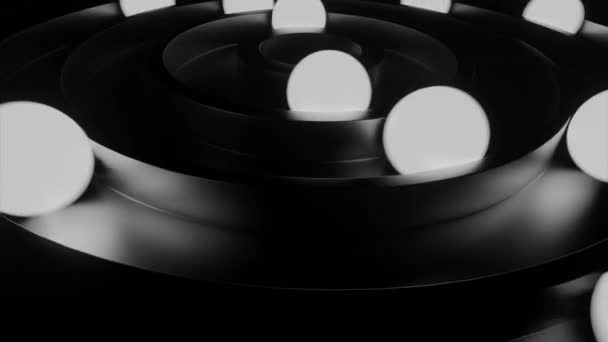发亮的球呈环状旋转 发光的球在黑暗中穿过圆环 带运动球的三维螺旋环 — 图库视频影像