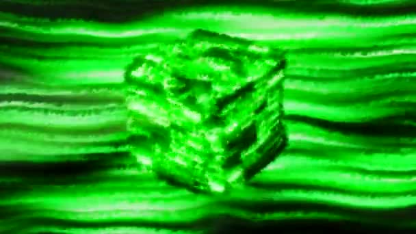 贅沢な立方体のアーティファクト 神秘的なパンドラの箱 ムーブメント 点滅ラインに囲まれた3D輝くデジタルボックス — ストック動画