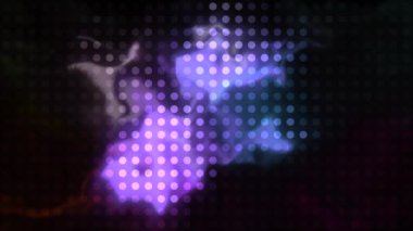 Kiremitler ve siyah arka planla çevrili renkli lekeler. Hareket. Renkli şekiller ve sıra sıra küçük daireler