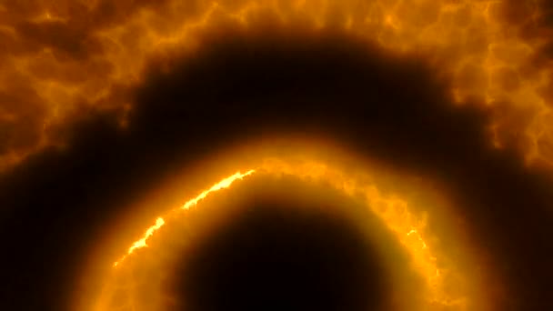 オレンジと緑の円の黒い背景 ムーブメント 円のシルエットからの燃えるラインは3Dフォーマットで照らされます 高品質の4K映像 — ストック動画