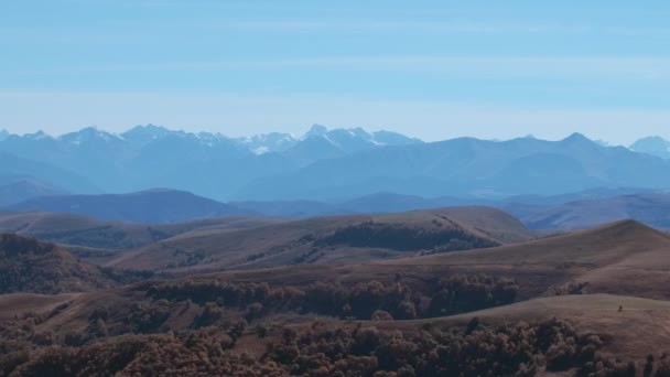 从鸟瞰的角度来看美丽的风景 在白日蓝天的背景下 长满了森林的大山和小山 高质量的4K镜头 — 图库视频影像