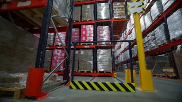 满是纸板箱货物的货架的零售仓库 物流和配送仓库中心 用于进一步的产品交付包 — 图库视频影像