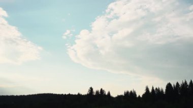 Orman silueti ve yukarıda akan bulutlar. Medya. Göz kamaştırıcı mavi bulutlu gökyüzü