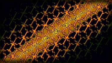 Hareket halindeki zincirlerle soyut şebeke. Hareket. Zincirle hareket eden şeritlerle. Renkli şerit ve siyah arkaplan üzerindeki ızgara şablon deseni.