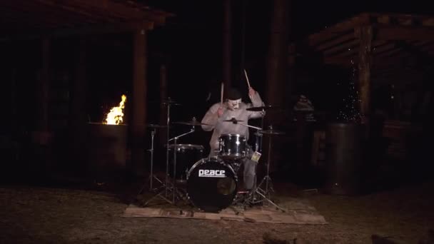 Expressive Artist Mask Nodding Head While Playing Drums Clip Emotional — Stock Video