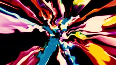 Renkli boya darbelerinin güzel patlama dalgası. Hareket. Çok renkli parçalar aralıklarla uçuşuyor.
