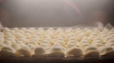 Hamur köftesi pişiriyorum. Şarjör. Hamur köftelerinin hazırlandığı, hamurun yoğurulduğu, küfün biçimlendirildiği ve kıymanın yapıldığı bir fabrika. Yüksek kalite 4k görüntü