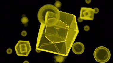 Siyah arka planda dönen küp ve küre siluetleri. Tasarım. Dönen 3B şekiller