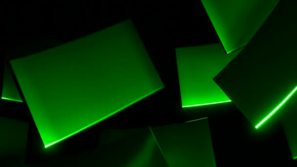 黒い背景に輝くエッジを持つ抽象的な回転ネオンタイル デザイン 薄い緑のタイルをスピニング — ストック動画