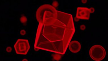 Siyah arka planda dönen küp ve küre siluetleri. Tasarım. Dönen 3B şekiller