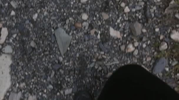 Вид Ноги Пішохідних Туристів Креативний Люди Чоботях Ходять Дорогах Асфальту — стокове відео