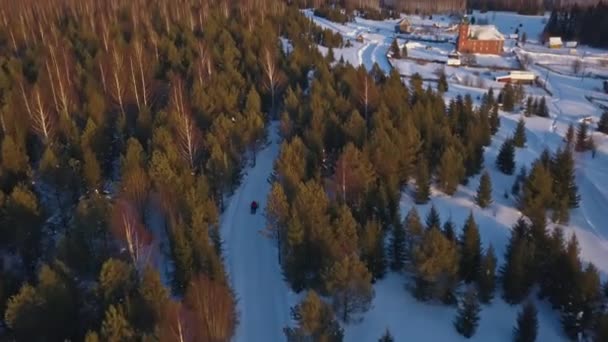 Top Kilátás Hójáró Falu Erdőben Télen Csípés Mozgókép Hómobilról Megy — Stock videók