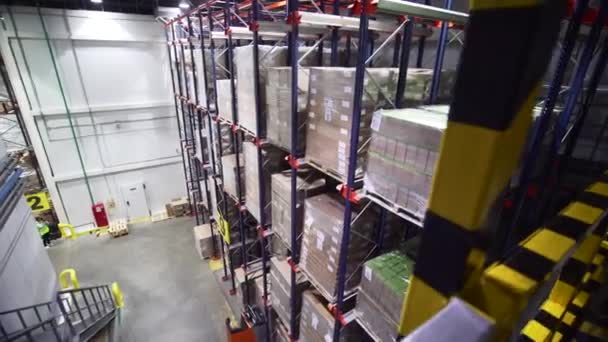 産業倉庫で高い棚に貯えられた箱 クリエイティブ 生産工場の貿易倉庫で完成した商品 — ストック動画