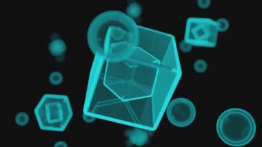 Siyah arka planda dönen temel üç boyutlu geometrik şekiller. Tasarım. Geometri çalışmaları kavramı