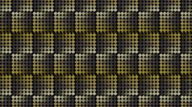 Küçük sarı daireler. Hareket. Koyu arkaplanda 2D formatında yapılmış küçük bir mozaik. Yüksek kalite 4k görüntü