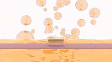 Banklı 3 boyutlu animasyon. Tasarım. Kürsü ve baloncuklu üç boyutlu uzay animasyonu. Nehir boyalı ve arka planda hareket eden kabarcıklar. 