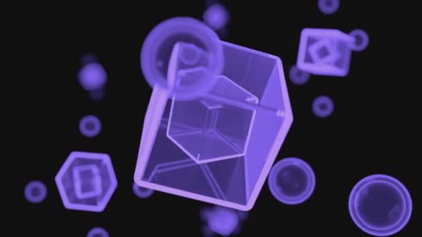 Анімовані Неонові Фіолетові Кубики Сфери Темному Просторі Дизайн Геометричні Фігури — стокове відео