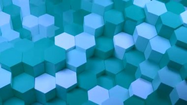 Rastgele yukarı aşağı hareket eden soyut altıgenler. Tasarım. Işık ve gölgeli altıgenlerin ızgarası hareket ediyor