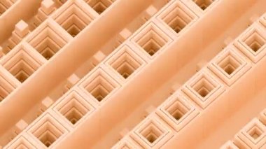 Beyaz ve turuncu kareler. Tasarım. Bilgisayar grafikleriyle yapılmış küçük geometrik şekiller büyür ve sonra düşer. Yüksek kalite 4k görüntü
