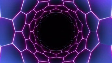 Siyah arka planda örümcek ağının soyut bilim kurgu tüneli. Tasarım. Neon çizgileri ve gradyan etkisi olan altıgen koridor