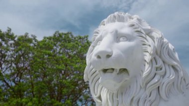 Yazın beyaz aslan heykeli. Başla. Yeşil ahşap ve mavi gökyüzünün arka planında beyaz aslan heykeli. Parkta güneşli bir yaz gününde beyaz aslanın doğal heykeli.. 