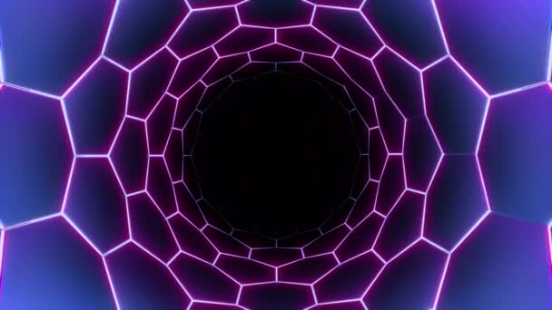 ブラックバックにクモのウェブの抽象科学フィン トンネル デザイン ネオンラインと勾配効果の六角形回廊 — ストック動画