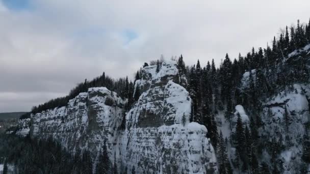 Zimowa Scena Powietrzna Pokrytym Lodem Klifem Klip Biała Krawędź Klifu — Wideo stockowe
