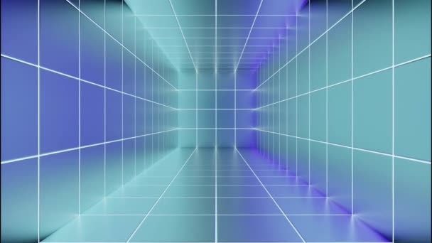 高科技霓虹灯科幻隧道与霓虹灯发光平方墙壁和线条 飞越技术网络空间 — 图库视频影像