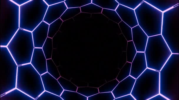 Nowoczesny Neonowy Tunel Sci Neonowymi Liniami Sześciokątnymi Projektowanie Latać Przez — Wideo stockowe