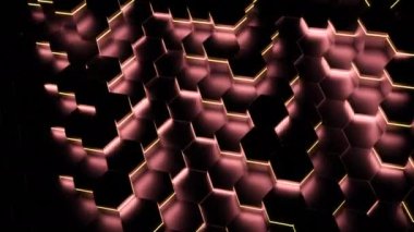 Neon altıgenler karanlıkta dalgalar halinde hareket ederler. Tasarım. Altıgenler karanlıkta floresan ışıklarıyla dalgalar halinde hareket ediyor. Neon siyah altıgenler arkaplan canlandırmasında dalgalar halinde hareket ederler.