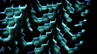 Hareket eden neon altıgenli siber arkaplan. Tasarım. Siyah arkaplanda neon altıgen dalgaları. Hareket eden neon altıgenli koyu arkaplan. 