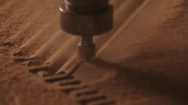 Carving Geometric Pattern Wooden Sheet Small Drill Woodwork Factory Macro — Stock Video