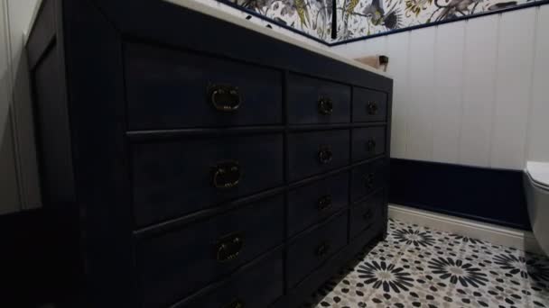 现代家庭浴室内部 花纹白墙瓷砖和鸟类 — 图库视频影像