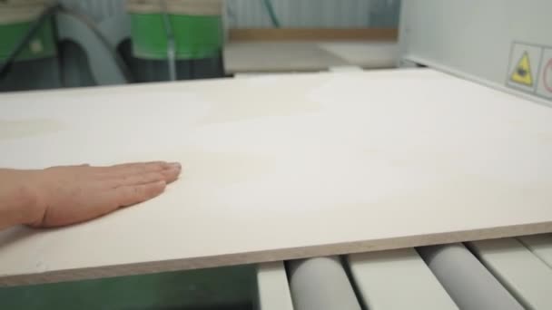 Houtbewerkingsfabriek Arbeider Controleren Houten Paneel Met Zijn Hand Creatief Industriële — Stockvideo