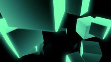 3 boyutlu küpler havada döner. Tasarım. Parlayan 3d küpleri siyah arka planda uzayda hareket eder. Küpler uzay akışında döner. 