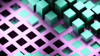 Sarı ve mavi kareler. Tasarım. Küçük geometrik figürlere sahip hafif animasyonlar soyutlamada sırayla yükseliyor. Yüksek kalite 4k görüntü