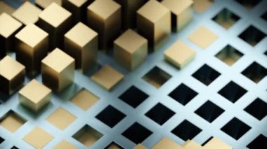 Sarı ve mavi kareler. Tasarım. Küçük geometrik figürlere sahip hafif animasyonlar soyutlamada sırayla yükseliyor. Yüksek kalite 4k görüntü