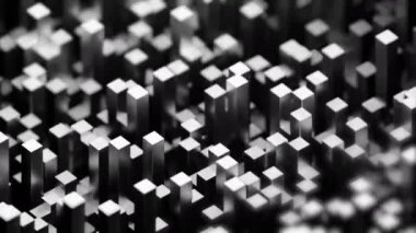 Soyut dikdörtgen 3D bloklar yukarı aşağı hareket ediyor. Tasarım. Rastgele kübik şekiller sıçrıyor