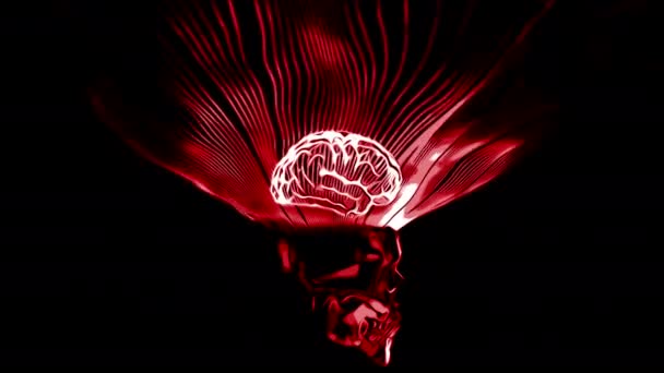 ライトビームに囲まれた人間の脳の3Dアニメーション デザイン イリッドエスカレント インパルス 科学技術を用いた脳モデル — ストック動画