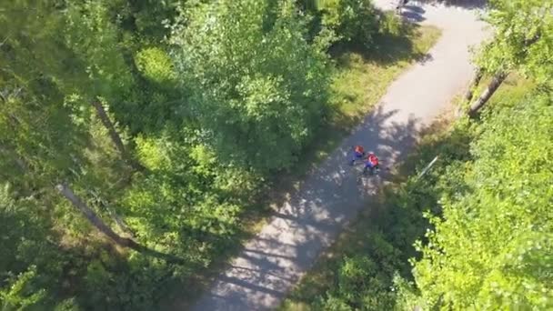 从直升机上看到的阳光 身穿工作服的年轻人正在穿过公园去完成一个建筑项目 高质量的4K镜头 — 图库视频影像