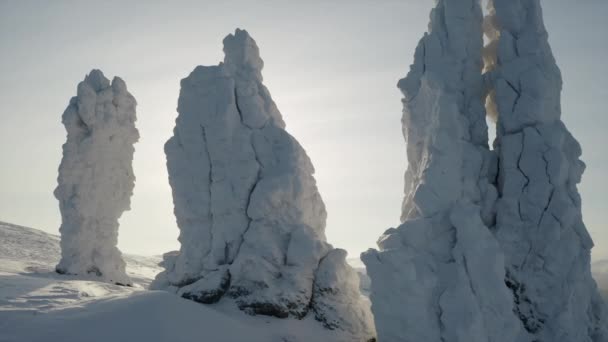 石柱背景为冬季阳光普照的风景 冬日明亮的阳光背景下结冰的石柱 在阳光灿烂的冬日 高山上惊人的岩石雪柱 — 图库视频影像