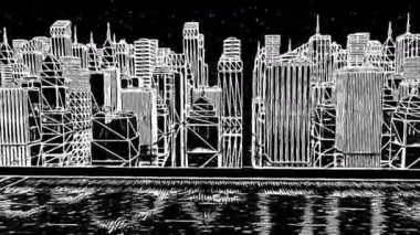 Siyah arka planda parlayan yıldızlı üç boyutlu siyah-beyaz gökdelenler. Animasyon. Geleceğin yeni tek renkli teknoloji şehri.