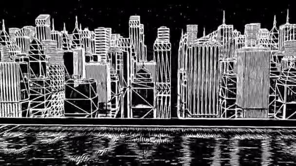 Siyah Arka Planda Parlayan Yıldızlı Boyutlu Siyah Beyaz Gökdelenler Animasyon — Stok video