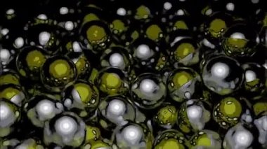 Metal toplar akıntıda hareket ediyor. Tasarım. Renkli metal toplar yığının içinde hareket eder. Akıntıda üç boyutlu metal toplar. 