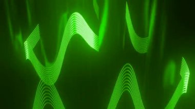 Dalgalı çizgileri olan sütunlar. Tasarım. Metal sütunların etrafına parlak dalgalı çizgiler çizilir. Metal sütunları ve dalgalı çizgileri olan labirent boşluk.