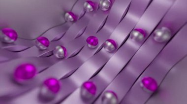 Soyut bükülmüş metal şeritler ve dalgalı raylar boyunca yuvarlanan inciler. Tasarım. 3B parlak nesneler hareket halinde