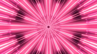 Hareket eden uzay tünelinde kirişler kırbaçlıyor. Tasarım. Siyah arka planda ışıldayan parlak ışınları olan bir uzay tüneli. Neon ışınları yanıp sönüyor ve tünelde hareket ediyor. 