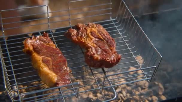グリルや炭のジューシーな肉のクローズアップ ストック映像 晴れた夏の日には 自然の中でグリルで焼いたジューシーな肉 バーベキューと焼肉の2つの部分 — ストック動画
