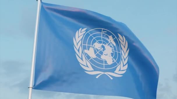 110 联合国旗帜背景 现实的蓝旗在蓝底风中飘扬 — 图库视频影像